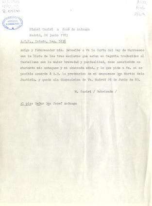 Carta de Miguel Casiri a José de Anduaga